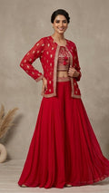 Product Name: Red Embroidered Viscose 3-Piece Jacket Sharara  Set