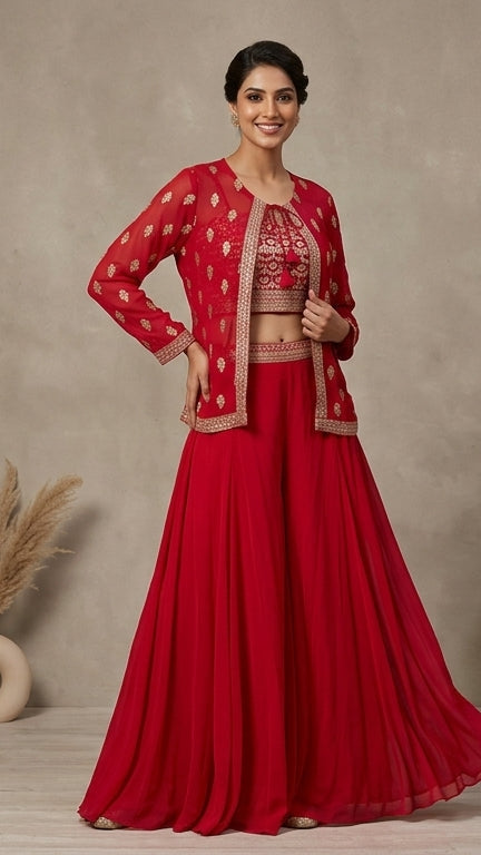 Product Name: Red Embroidered Viscose 3-Piece Jacket Sharara  Set