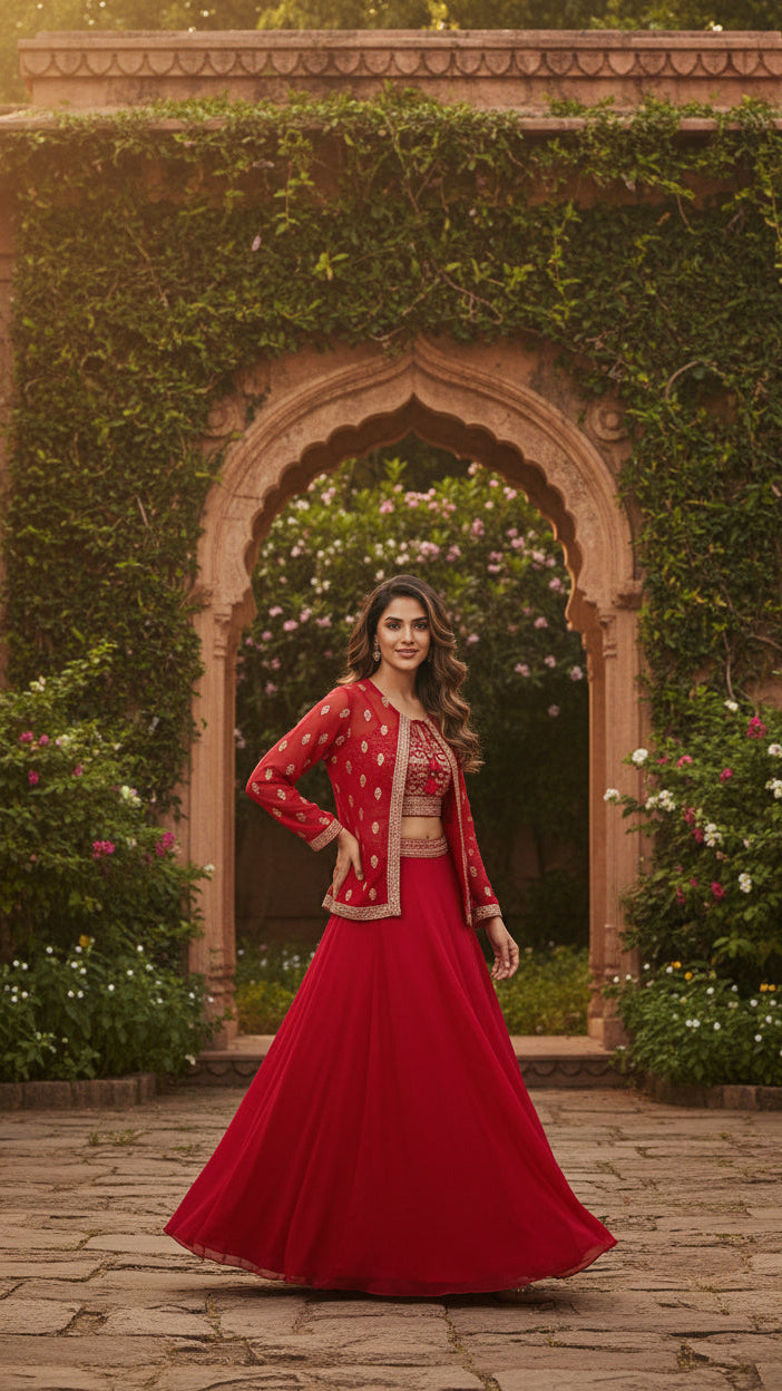 Product Name: Red Embroidered Viscose 3-Piece Jacket Sharara  Set