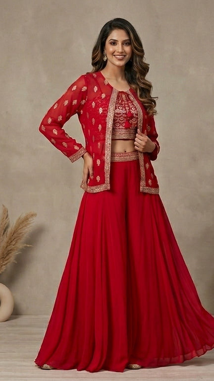 Product Name: Red Embroidered Viscose 3-Piece Jacket Sharara  Set