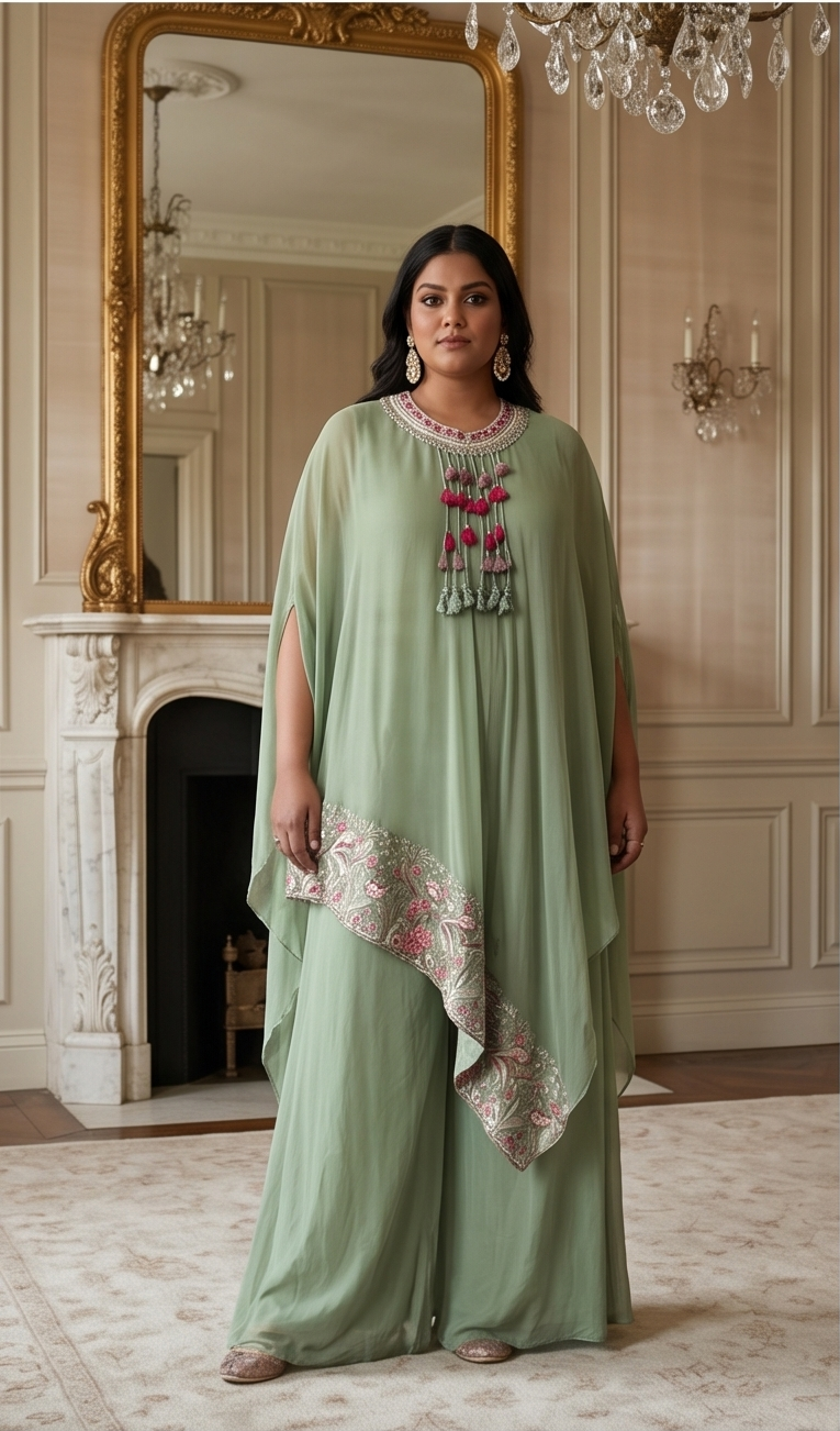 Sage Green Organza 3-Piece Kurta Set with Floral Embroidery – Size 42