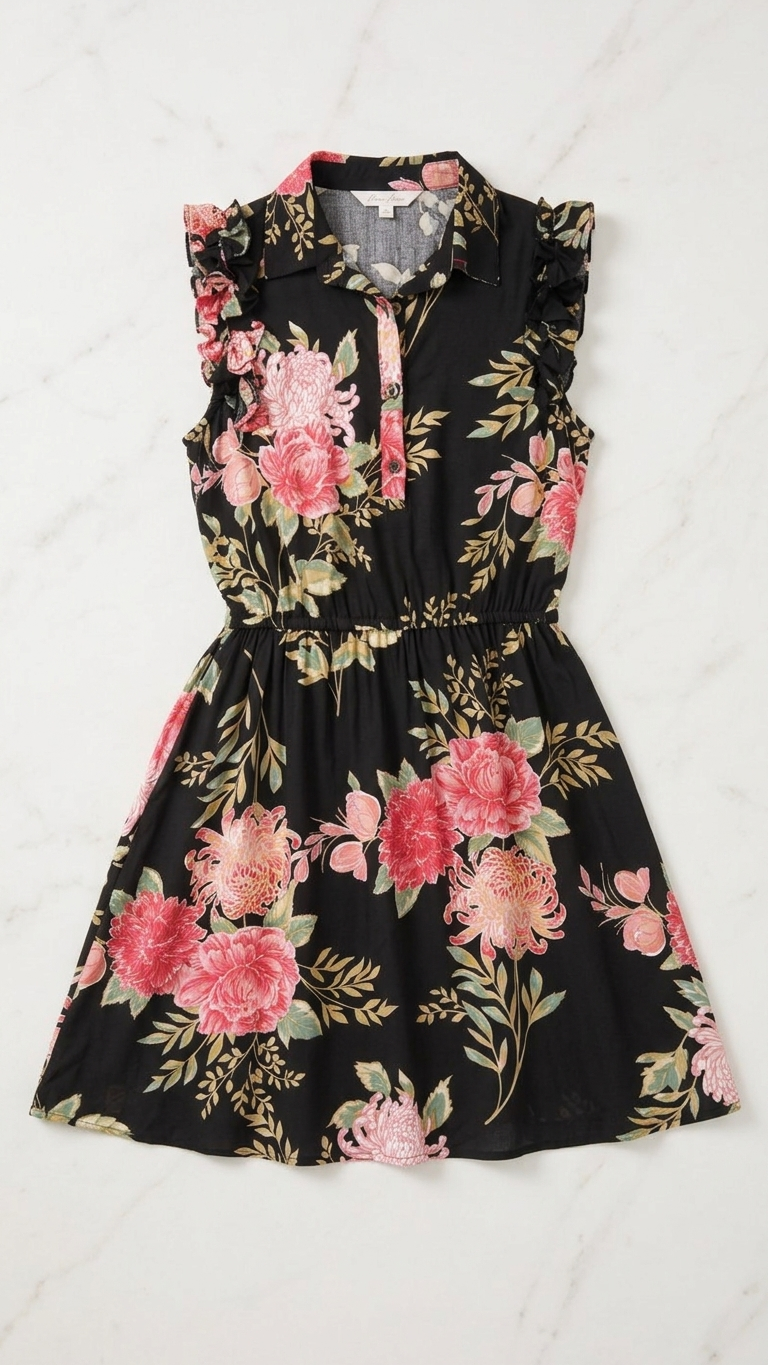 Black Peony Floral Crinkle Dress — Ruffle Shoulder, Elasticated Waist, Mini
