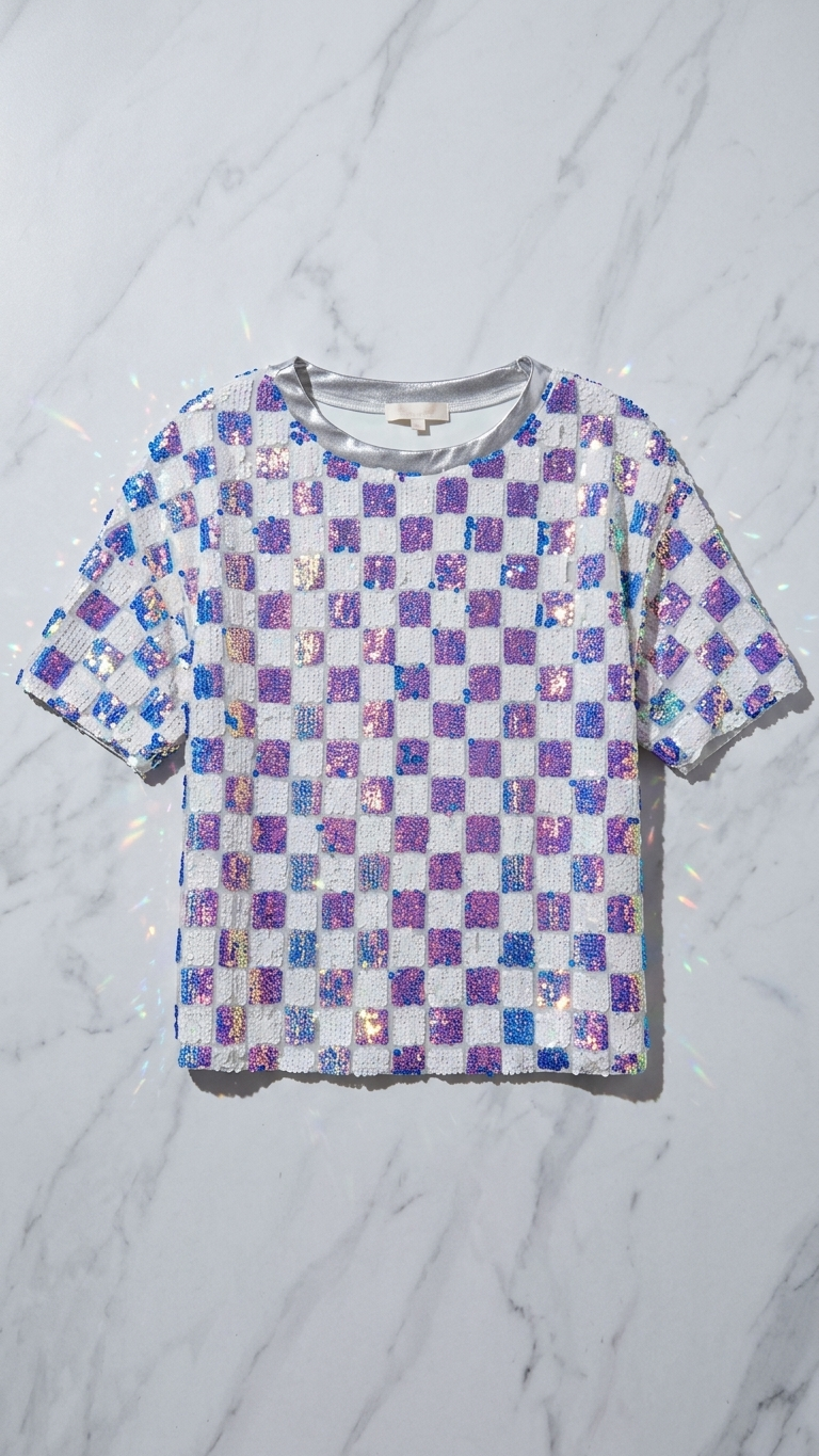 Iridescent Sequin Checkerboard Top — Holographic, Boxy Fit