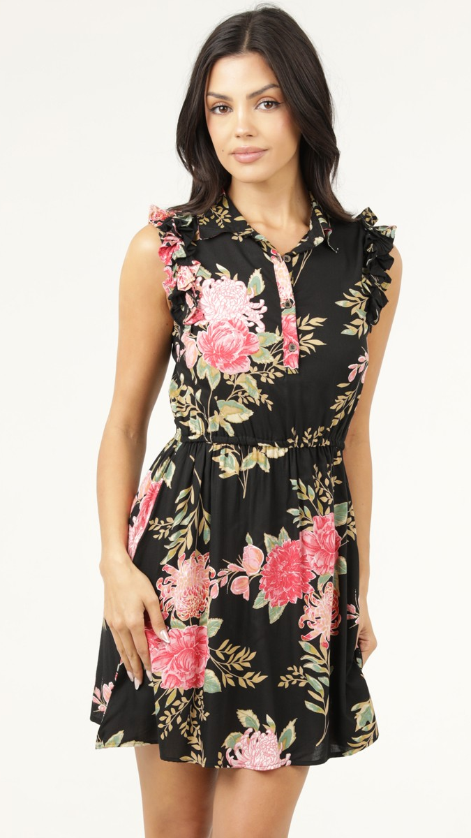 Black Peony Floral Crinkle Dress — Ruffle Shoulder, Elasticated Waist, Mini
