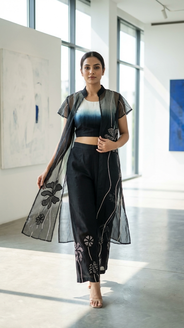 Black Ombre Organza Jacket 3-Piece Set — Embroidered Appliqué, Size 40