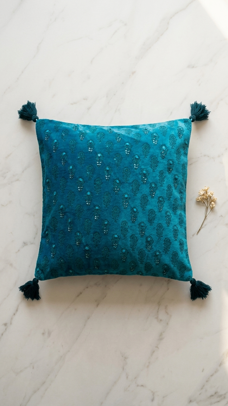 Teal Hand-Dyed Velvet Cushion Cover | Block Print & Hand Embroidery with Tube Beads & Corner Tassels | 18x18