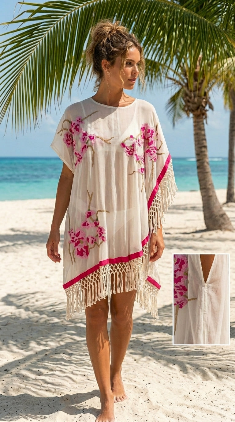 Embroidered Silk Georgette Fringe Poncho