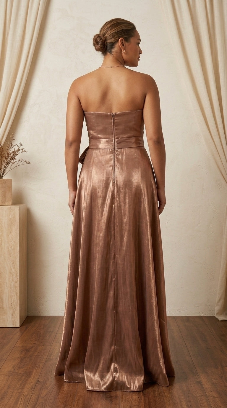 A woman stands with her back to the camera wearing a strapless floor-length satin gown in a warm metallic bronze-brown shade, set against a neutral beige backdrop with draped curtains and a wooden floor.