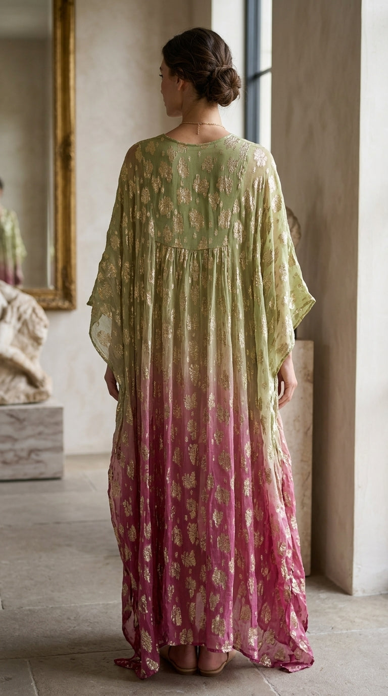 Sage & Rose Ombre Lurex Kaftan —  Tassel Tie, Maxi | One Size