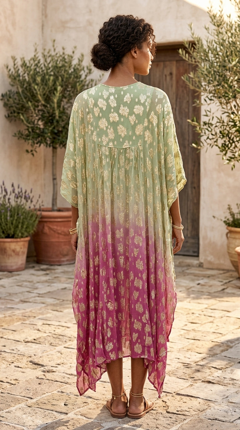 Sage & Rose Ombre Lurex Kaftan —  Tassel Tie, Maxi | One Size
