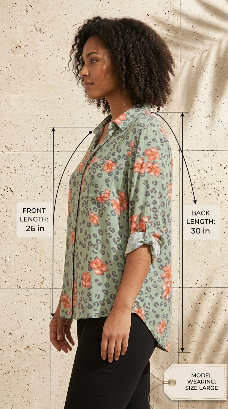Sage leopard floral shirt side view with length measurements size Large
