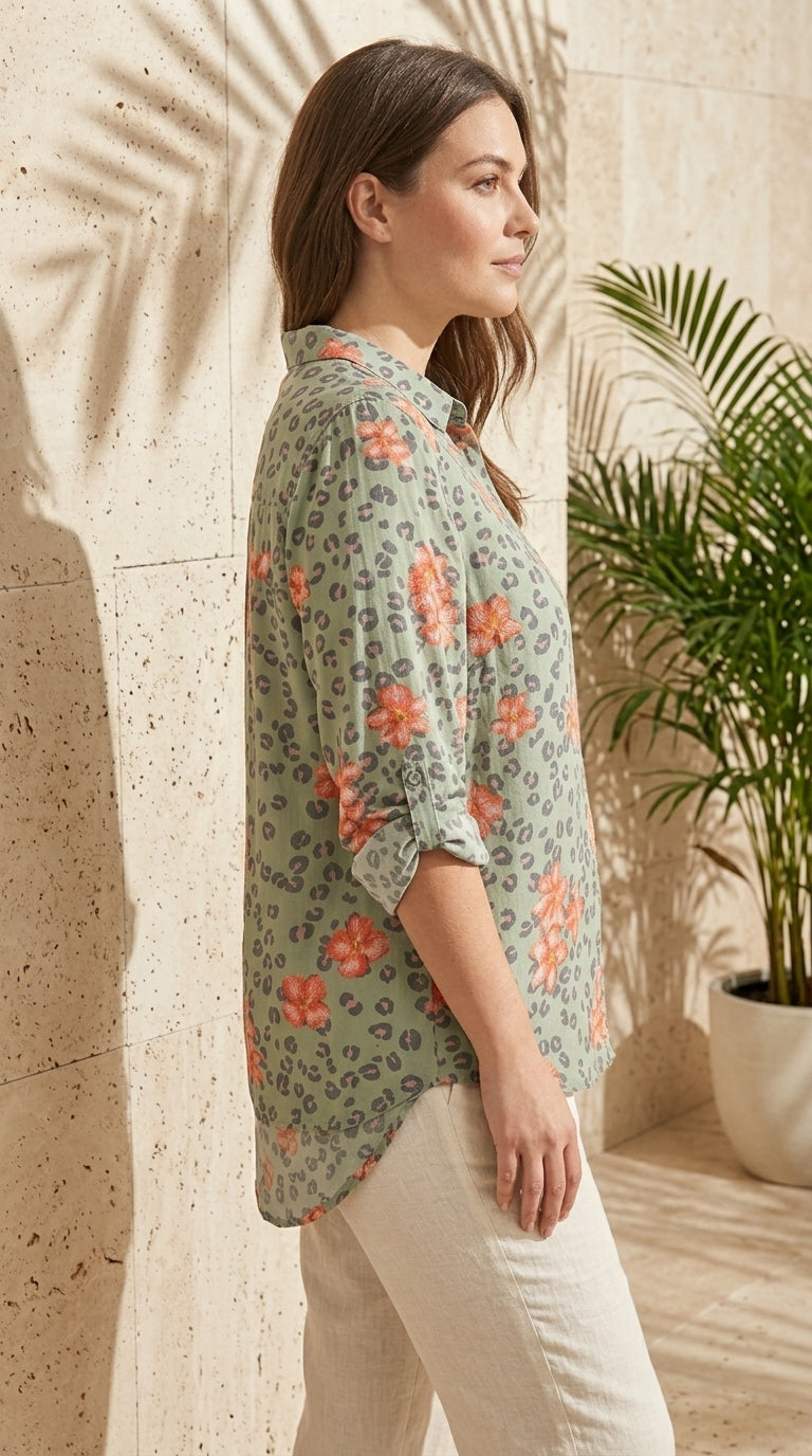 Sage leopard floral shirt side view size Large