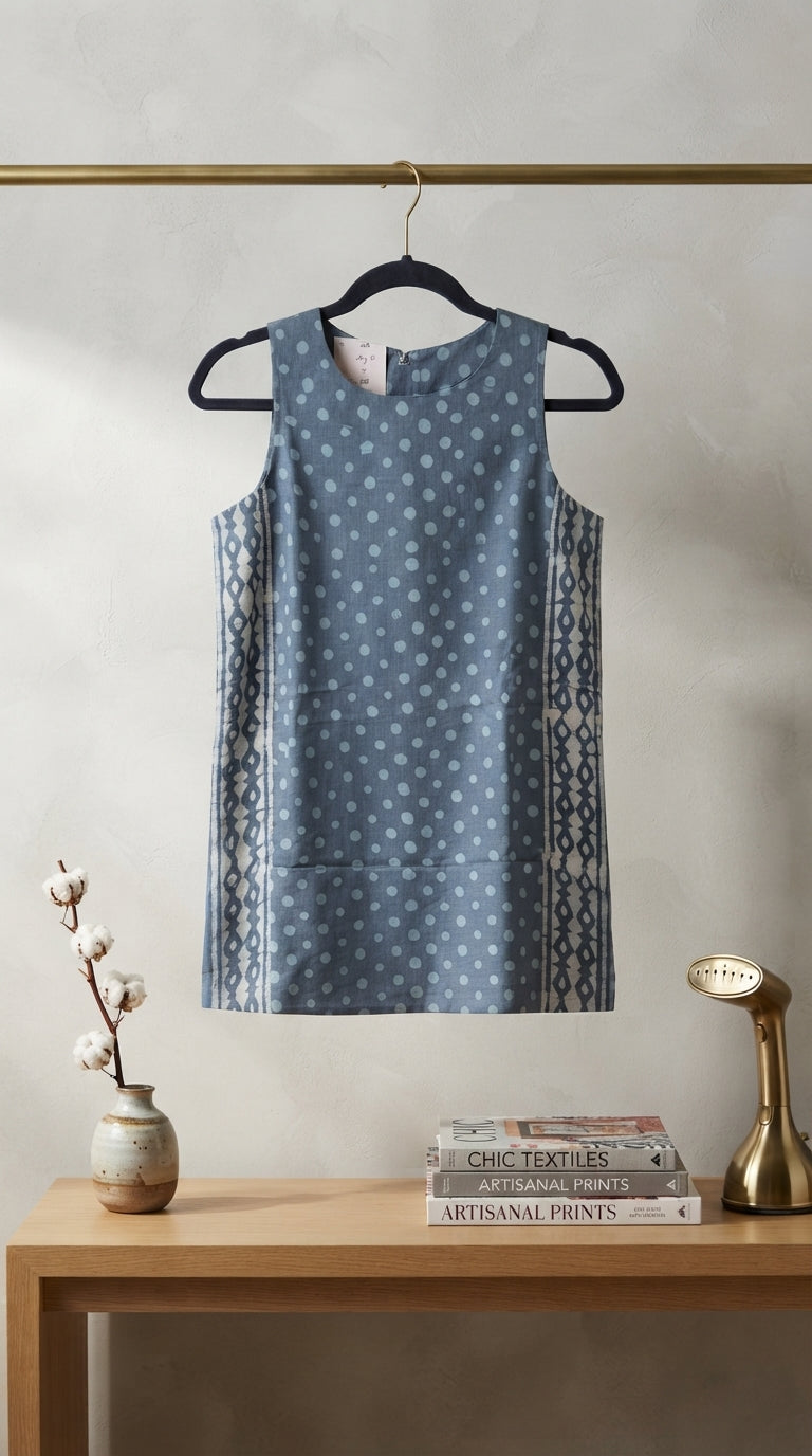 A sleeveless blue dress with a white geometric pattern hangs on a black hanger from a gold clothing rack, set against a neutral wall above a wooden table with decorative props.