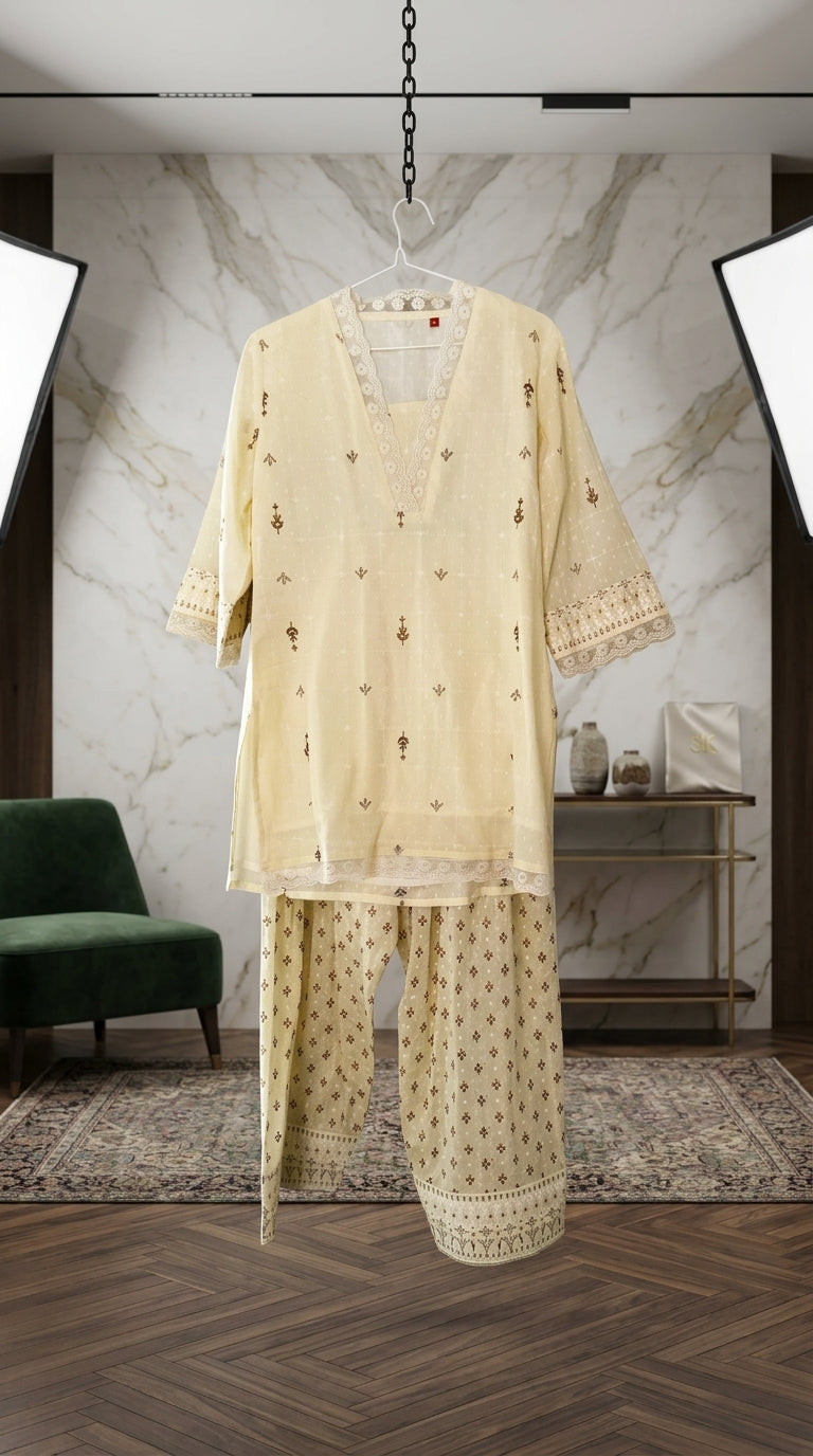 Beige embroidered outfit hanging against a marble wall with studio lights on either side.