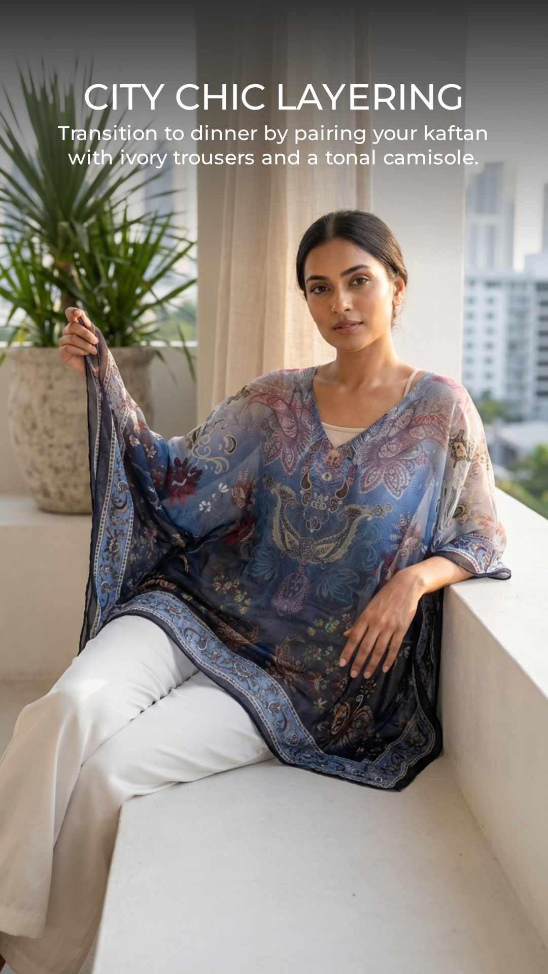 Blue Ombre Paisley Kaftan — Cupro, Handkerchief Hem | Sevya USA