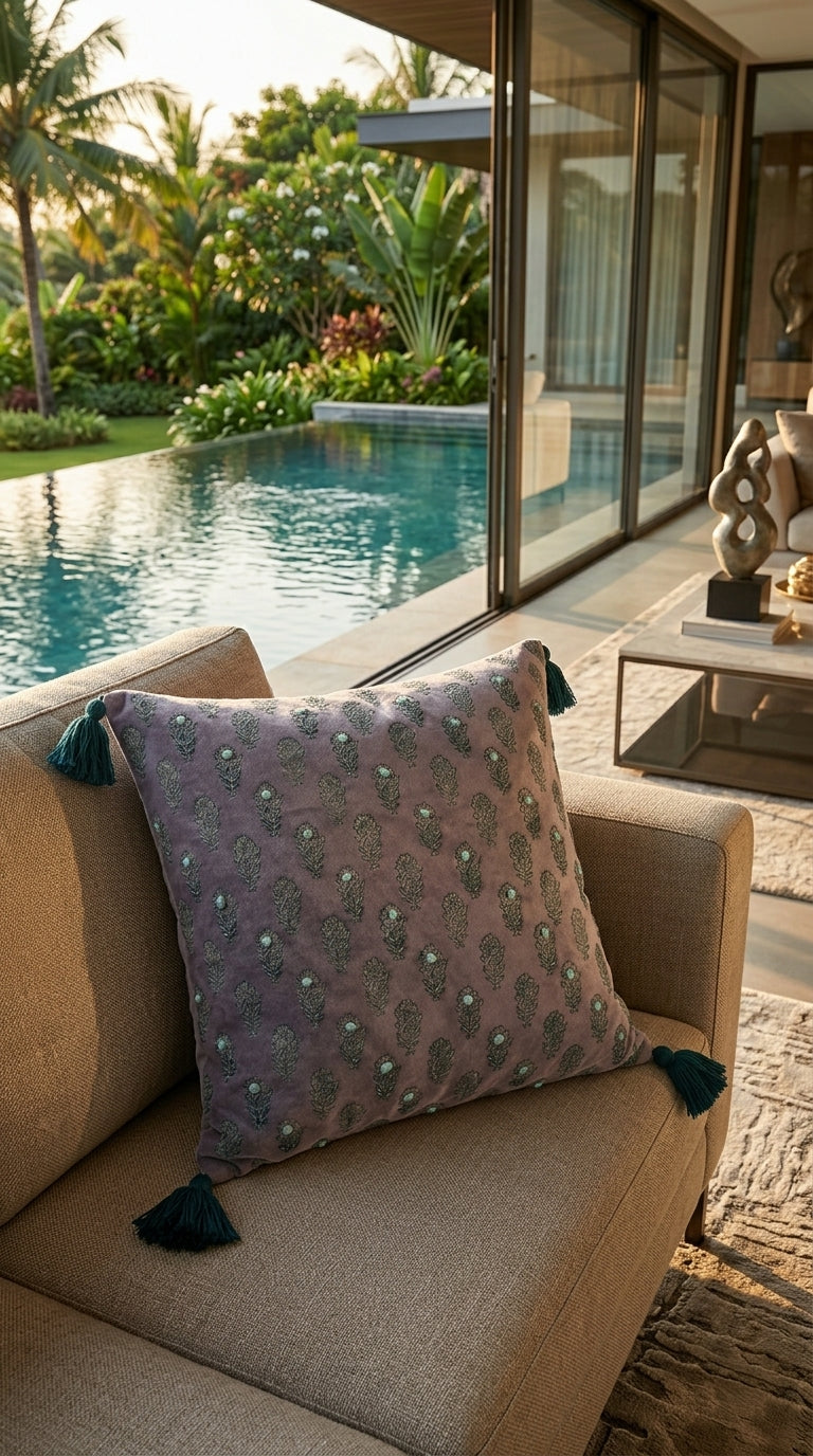 Mauve Buti Velvet Cushion Cover — Beaded, Hand Embroidered, Teal Tassels, 18x18"