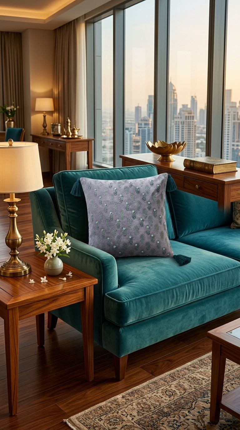 Mauve Buti Velvet Cushion Cover — Beaded, Hand Embroidered, Teal Tassels, 18x18"