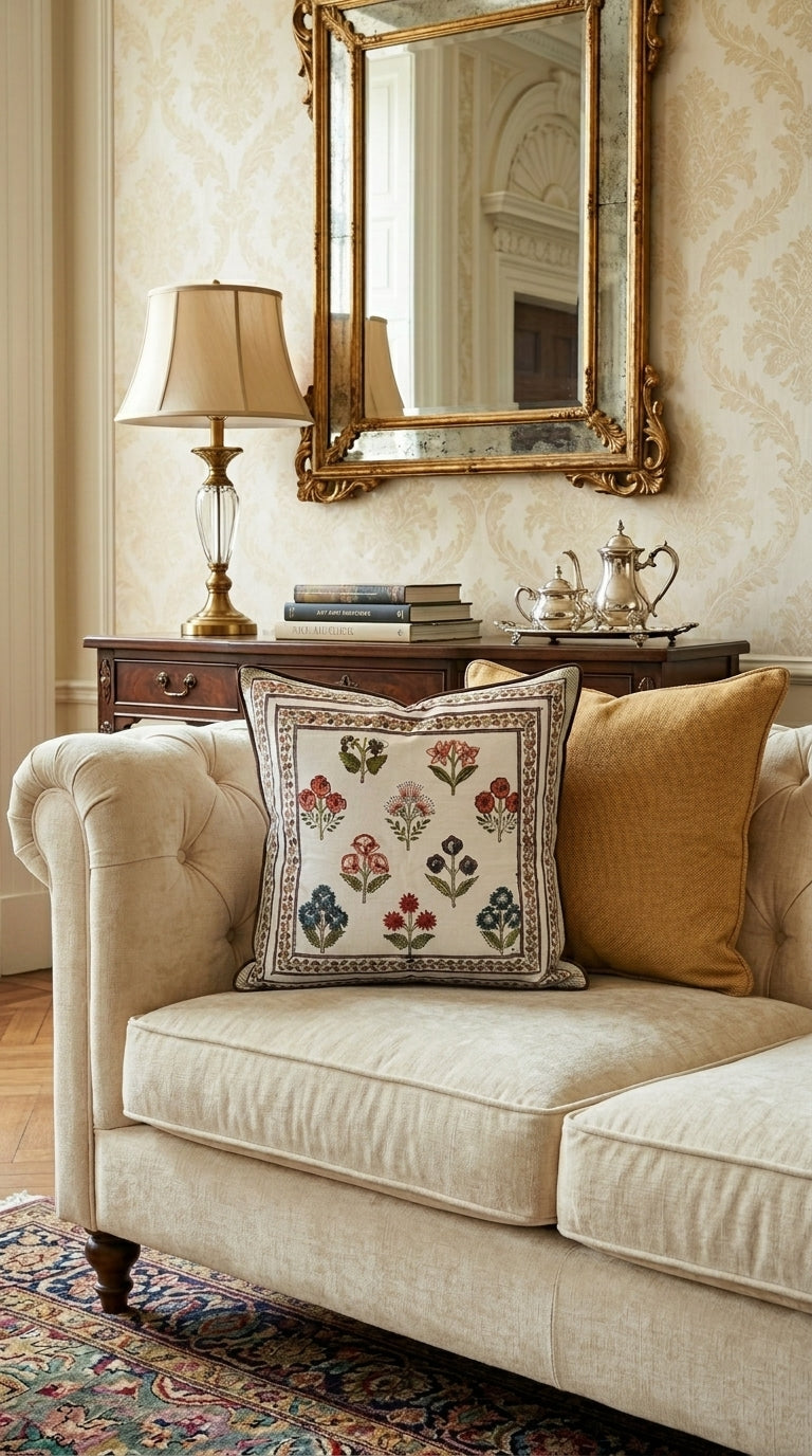 Hand block printed cushion cover with bird and floral motif styled on beige tufted sofa"