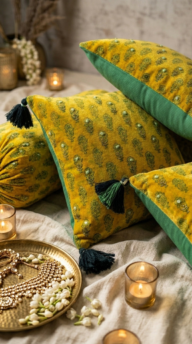 Saffron Buti Velvet Cushion Cover —embroidered , greenTassels, 18x18"
