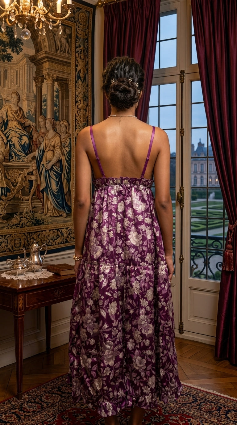 A woman viewed from behind wearing a purple and white floral print maxi dress with thin straps and an open back, standing in a grand room with tapestries, red curtains, and a window overlooking a garden.