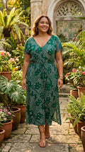 Forest Green Geometric Maxi Dress — Deep V-Neck, Side Slits, Plus Size