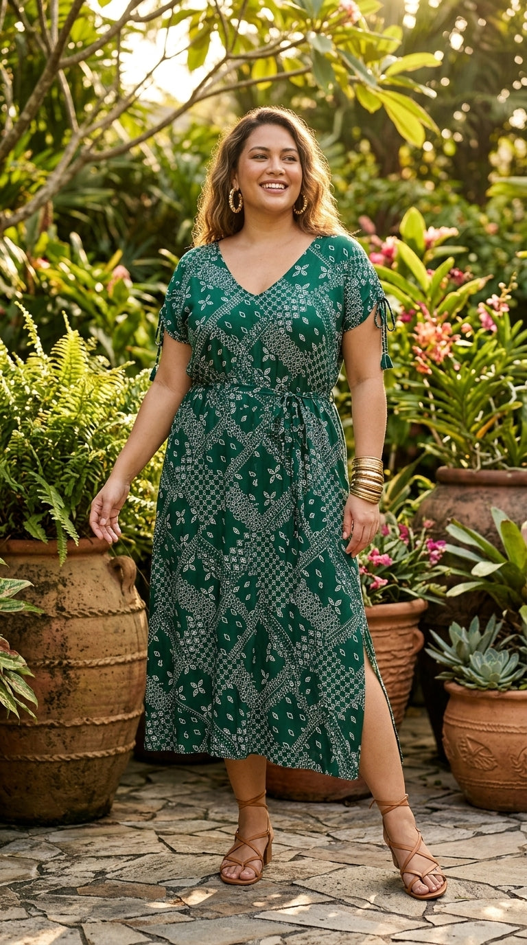 Forest Green Geometric Maxi Dress — Deep V-Neck, Side Slits, Plus Size