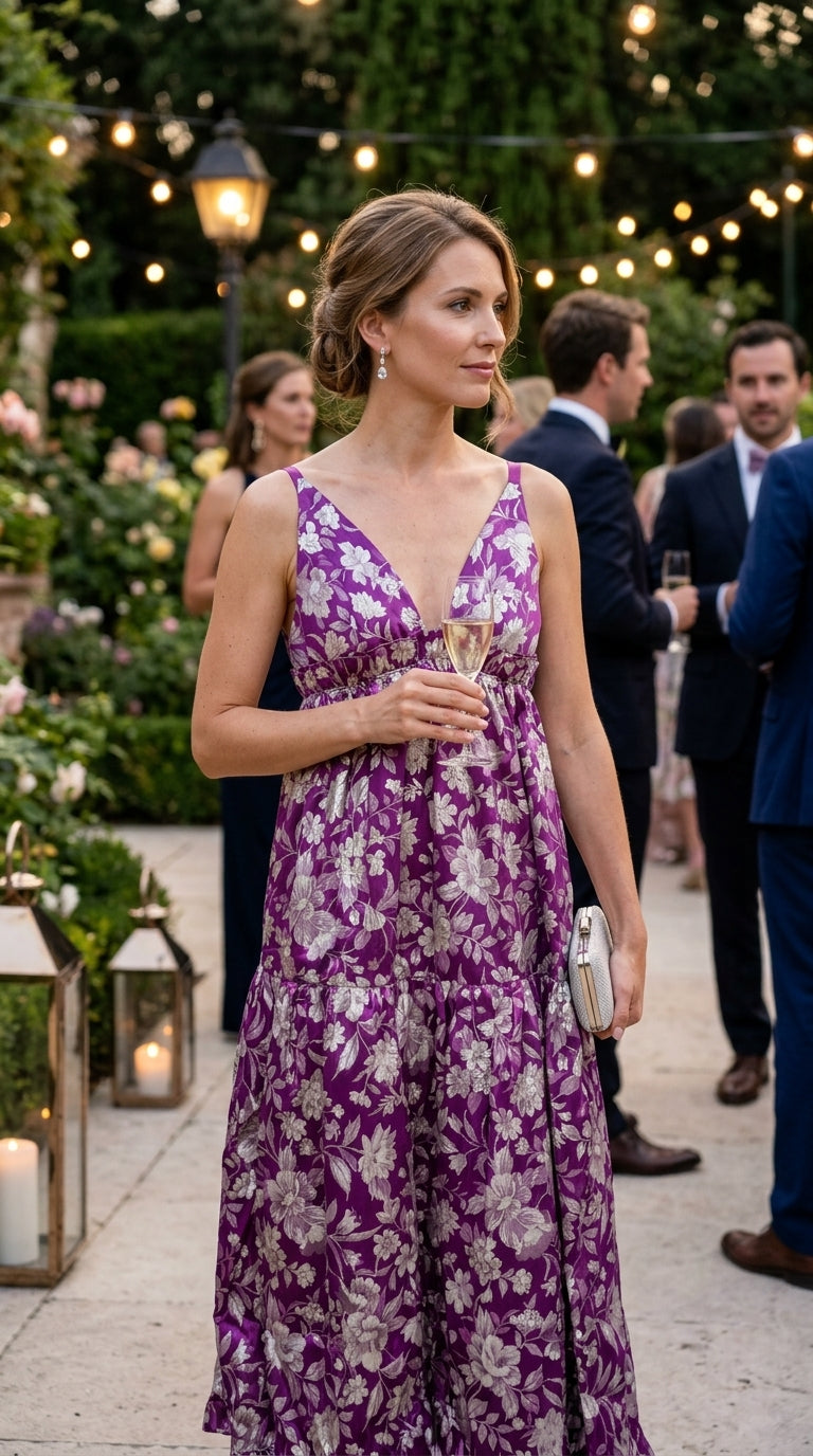 Purple Floral Brocade Plunge Maxi Dress
