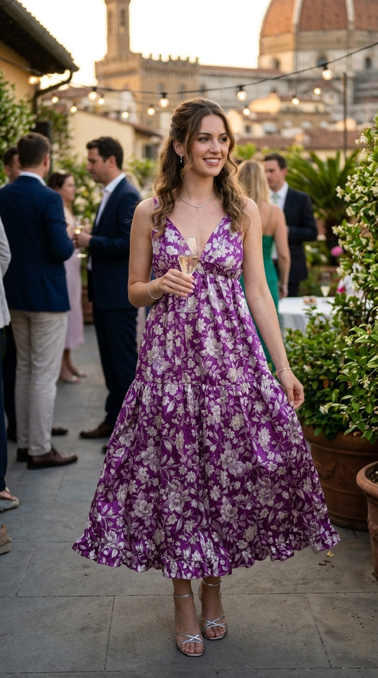 Purple Floral Brocade Plunge Maxi Dress