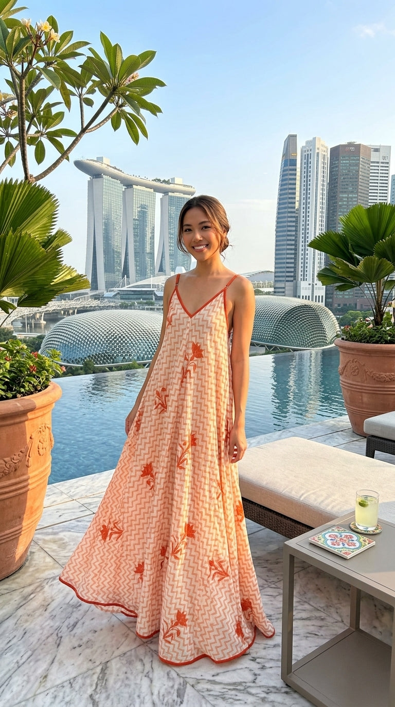 Peach Chevron & Floral Screen Print Cotton Maxi Dress — V-Neck, Red Piping, One Size