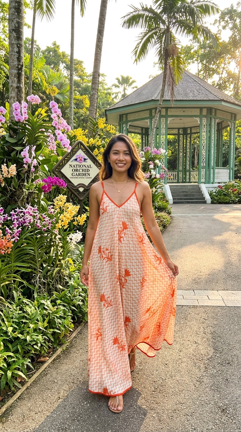 Peach Chevron & Floral Screen Print Cotton Maxi Dress — V-Neck, Red Piping, One Size