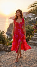 Red Floral Tie-Shoulder Midi Dress with Front Slit