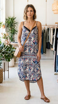 Floral Border Print Slip Dress — Rayon, Navy Lace Trim, High-Low Hem