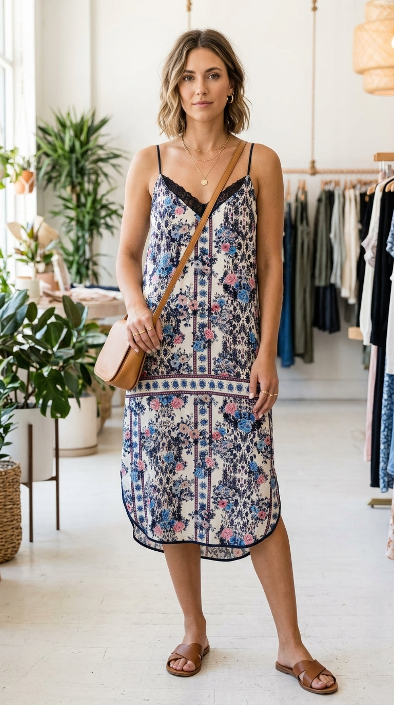 Floral Border Print Slip Dress — Rayon, Navy Lace Trim, High-Low Hem