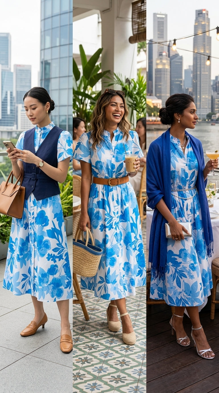 Cobalt Blue Floral Poplin Midi Dress — Ruffle Neck, Belted A-Line, Cotton Lined