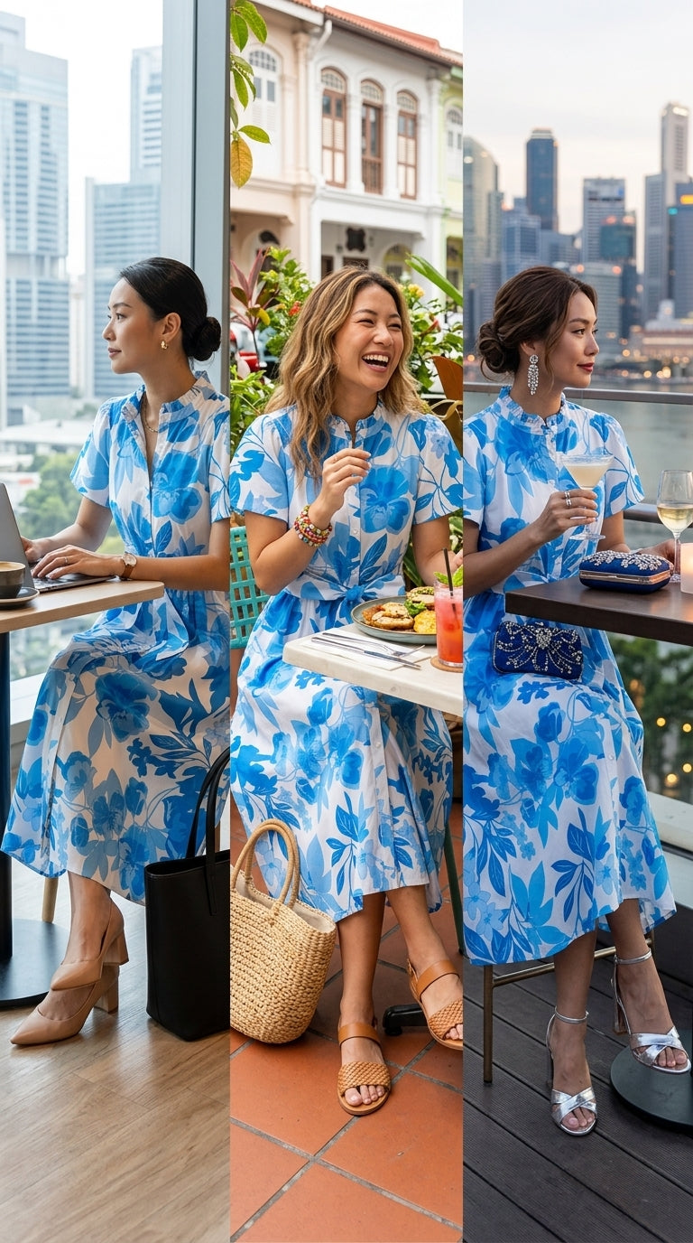 Cobalt Blue Floral Poplin Midi Dress — Ruffle Neck, Belted A-Line, Cotton Lined