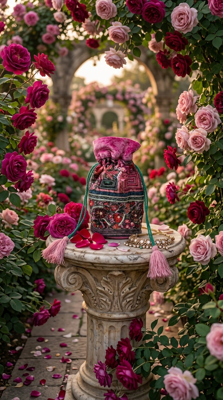 Pink Velvet Beaded Potli Bag — Embroidered Bucket Bag, Tassel Drawstring