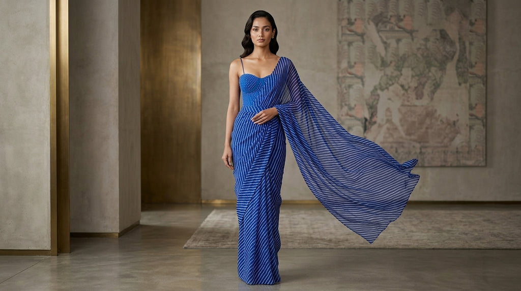 Royal Blue Leheriya Print Viscose Chiffon Saree with Corset Bodysuit Blouse | Indo-Western Saree