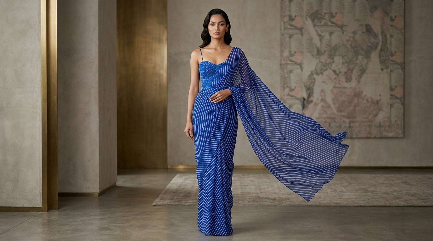 Royal Blue Leheriya Print Viscose Chiffon Saree with Corset Bodysuit Blouse | Indo-Western Saree
