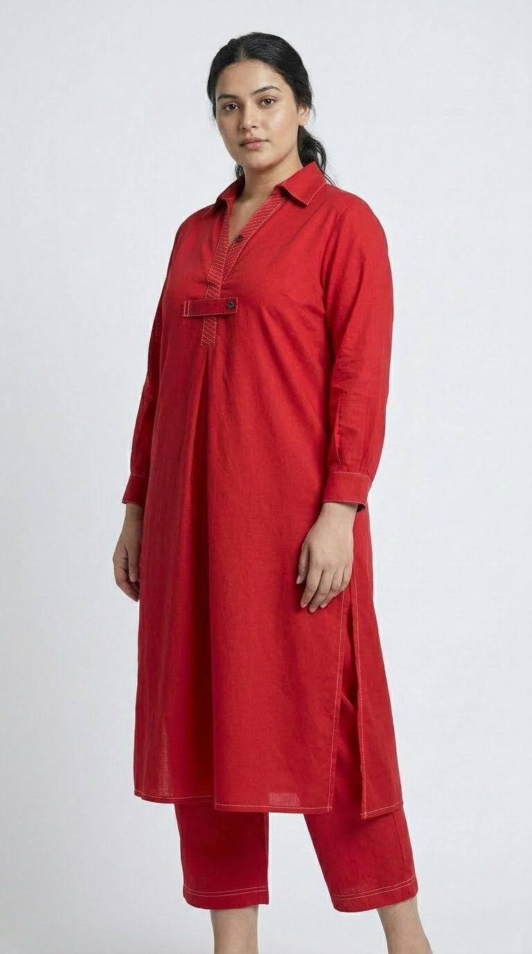 Red Cotton Kurta & Palazzo Co-ord Set | Contrast Topstitch | Artisan Craft | Size 46
