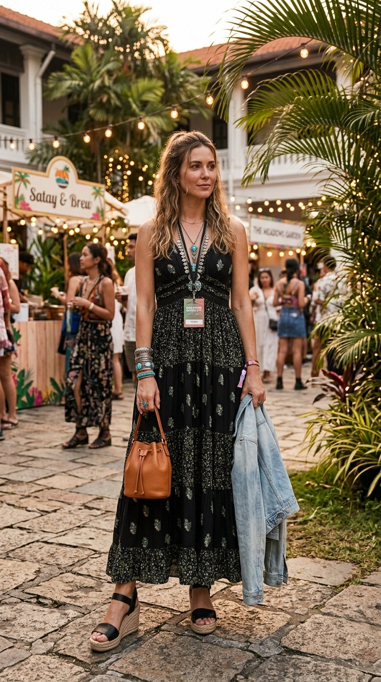 Black Botanical Tiered Maxi Dress — Crinkle Rayon, Crochet Waist, Spaghetti Straps