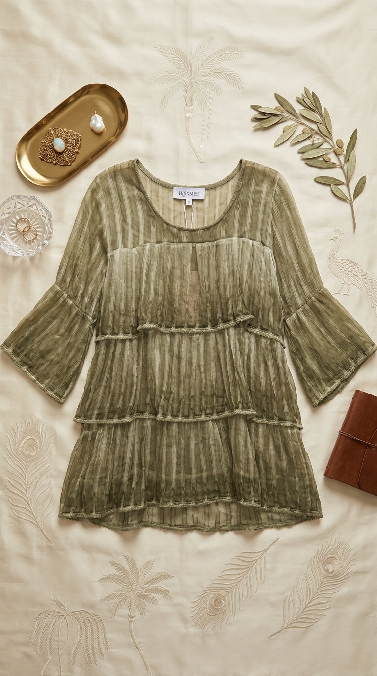 Sage Hand-Dyed Viscose Tiered Mini Dress | Pom-Pom Trim | Bell Sleeves | With Cotton Slip