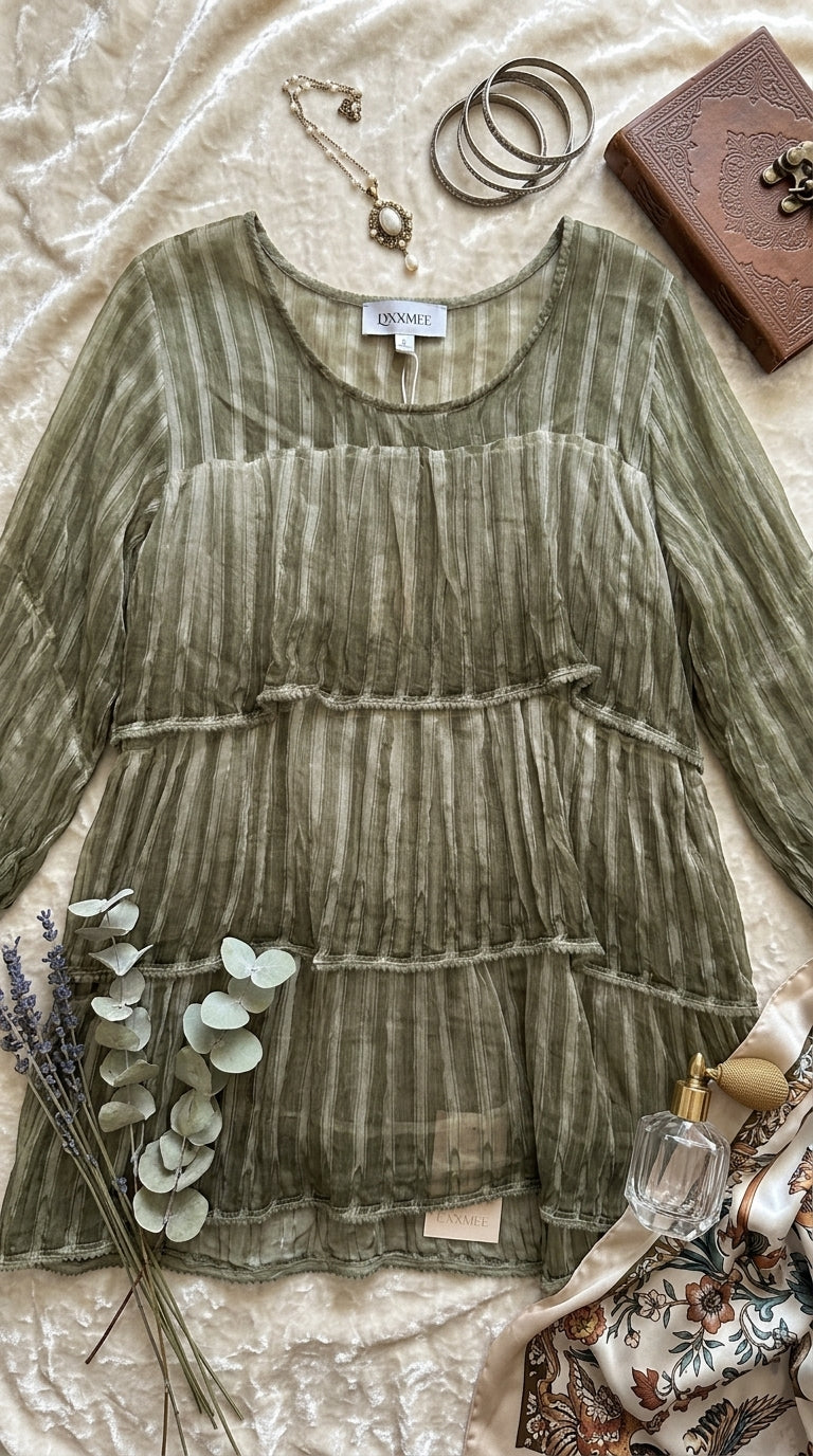 Sage Hand-Dyed Viscose Tiered Mini Dress | Pom-Pom Trim | Bell Sleeves | With Cotton Slip