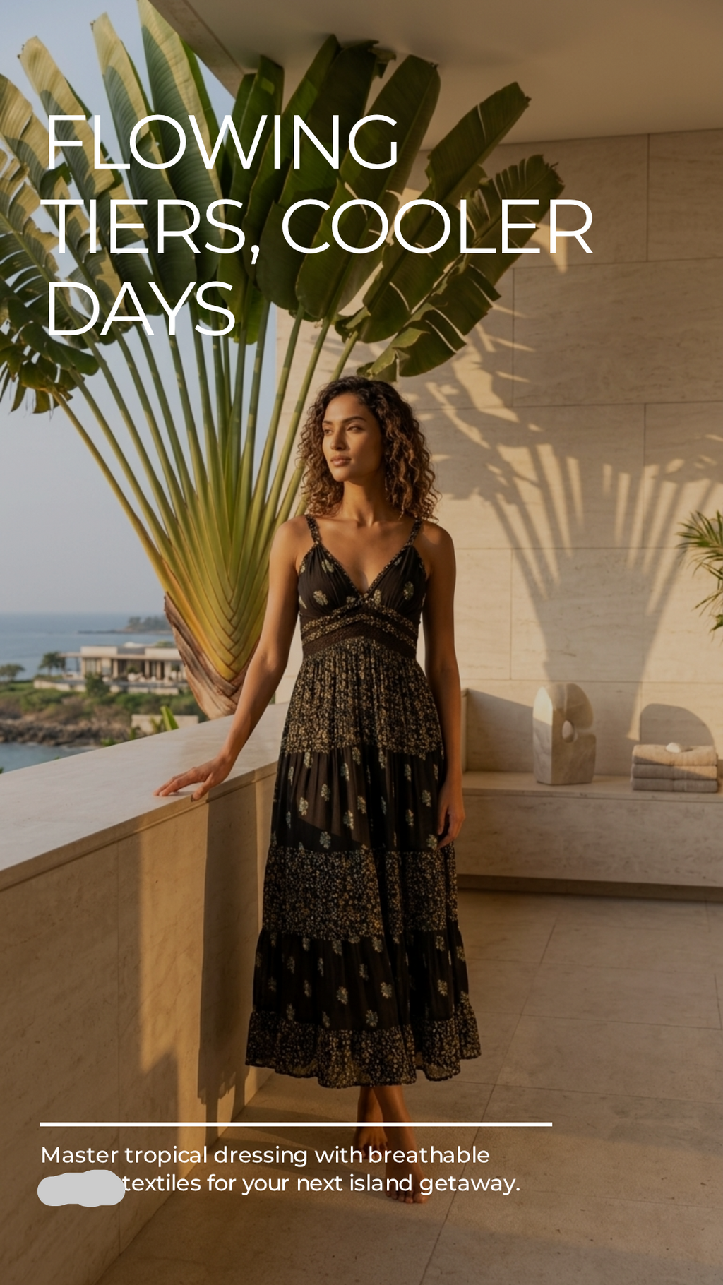 Black Botanical Tiered Maxi Dress — Crinkle Rayon, Crochet Waist, Spaghetti Straps