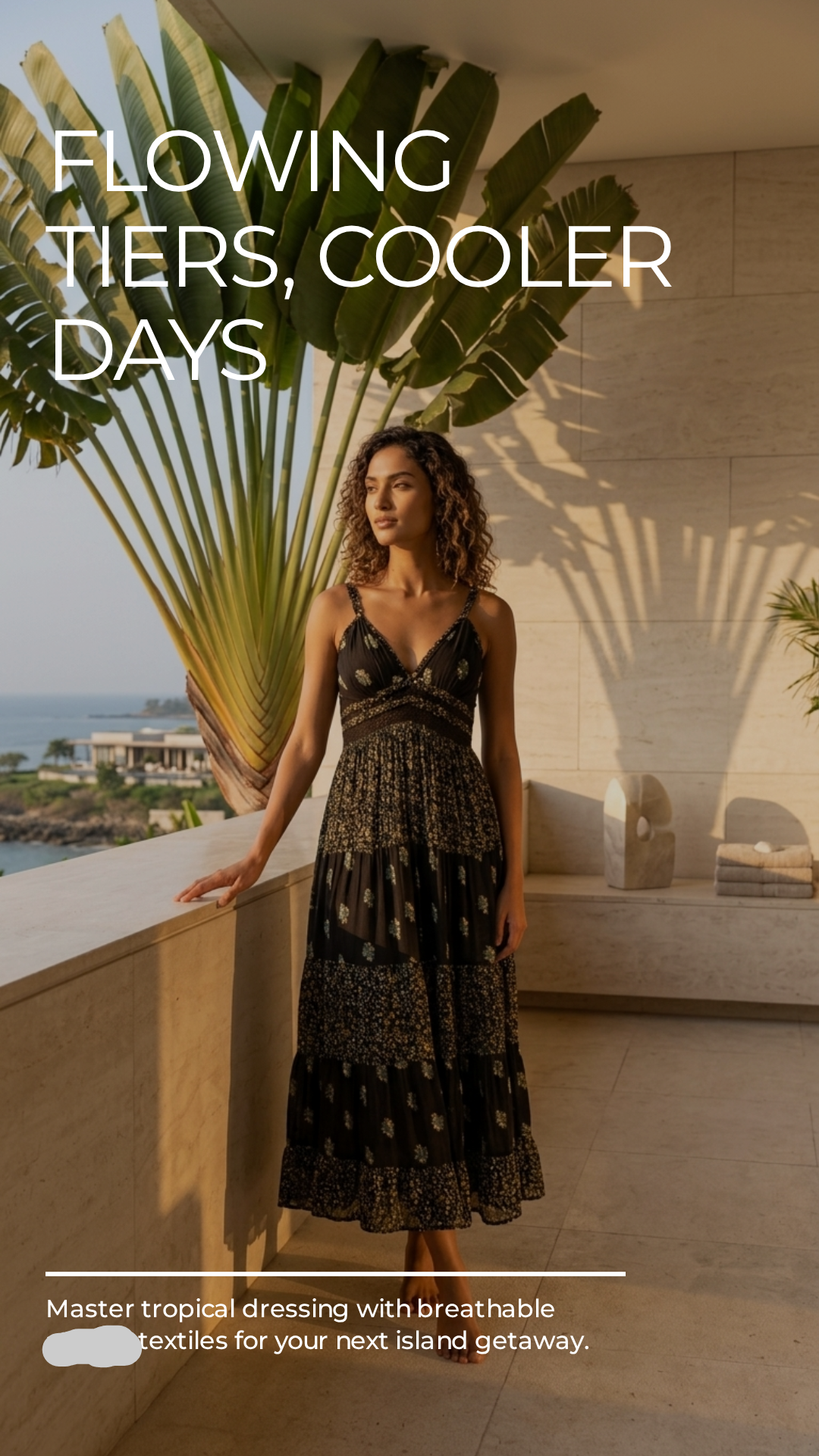 Black Botanical Tiered Maxi Dress — Crinkle Rayon, Crochet Waist, Spaghetti Straps