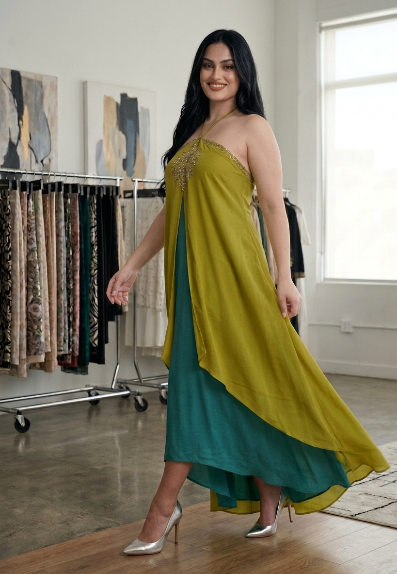Chartreuse & Teal Halter Maxi Set — Sequin Embellished, Resort Luxe, Size 42