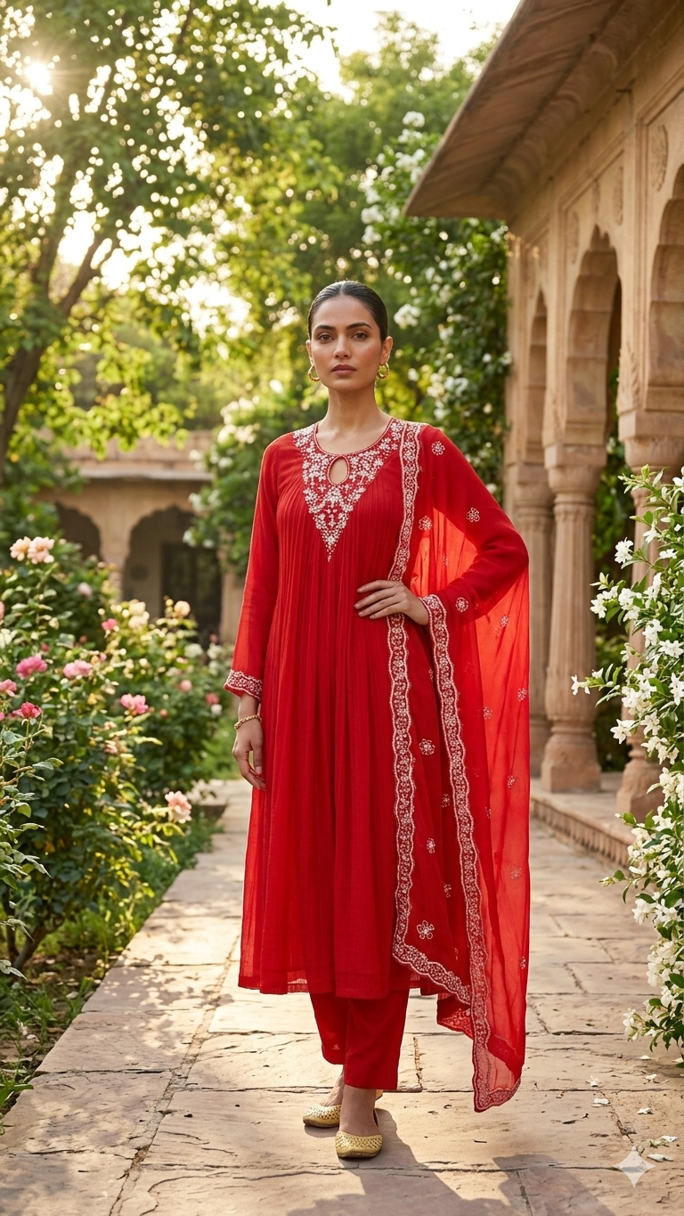 Red Pleated 3-Piece Suit — Embroidered Keyhole Neck, Chiffon Dupatta, 2XL