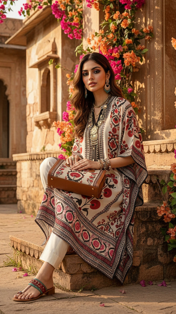 Suzani print Kftan Style Kurta set in Muslin Modal
