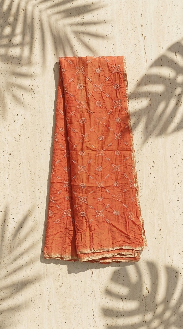 Hand Bandhani Silk Scarf | Rust Orange Tie-Dye Wrap