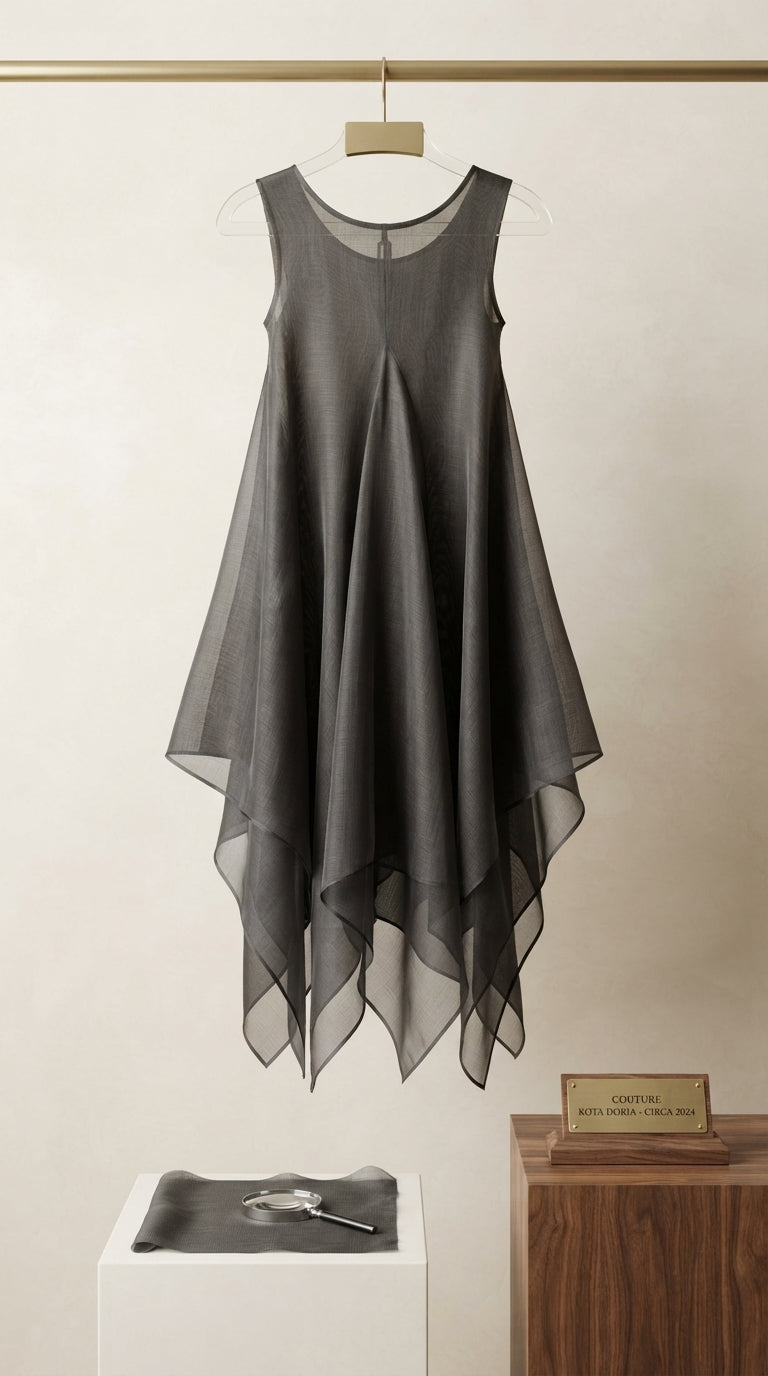 A sleeveless, high-low tiered dress in a dark gray or charcoal color, hanging on a wooden hanger from a gold-colored clothing rack. The dress is displayed against a warm beige wall, with a white pedestal and a wooden side table below.