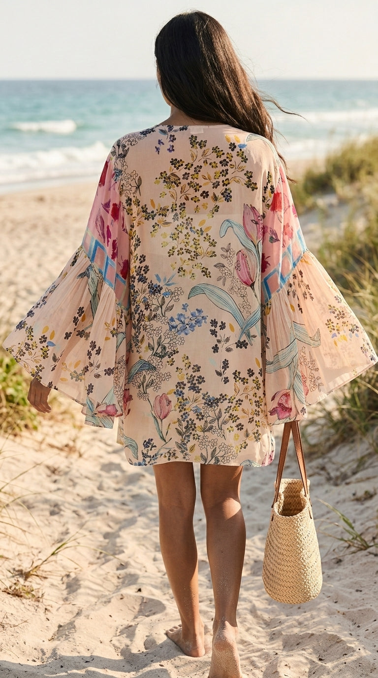 Blush Botanical Kimono — Floral Print Viscose Chiffon Cover-Up